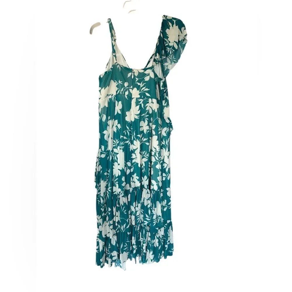 TORRID Teal White Floral Tiered Midi Mesh Ruffle Surplice Dress 12